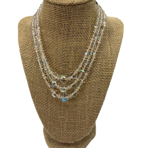 VTG Clear Aurora Borealis Crystal Multi-Strand Necklace Faceted Old Money Lady - Picture 1 of 11